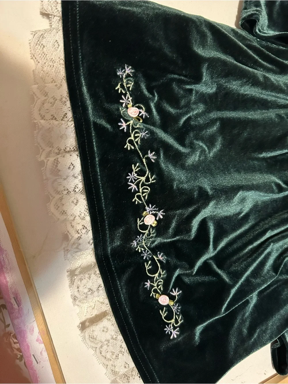 Classic Green Velvet Girls' Dress with Pink Rose Sash